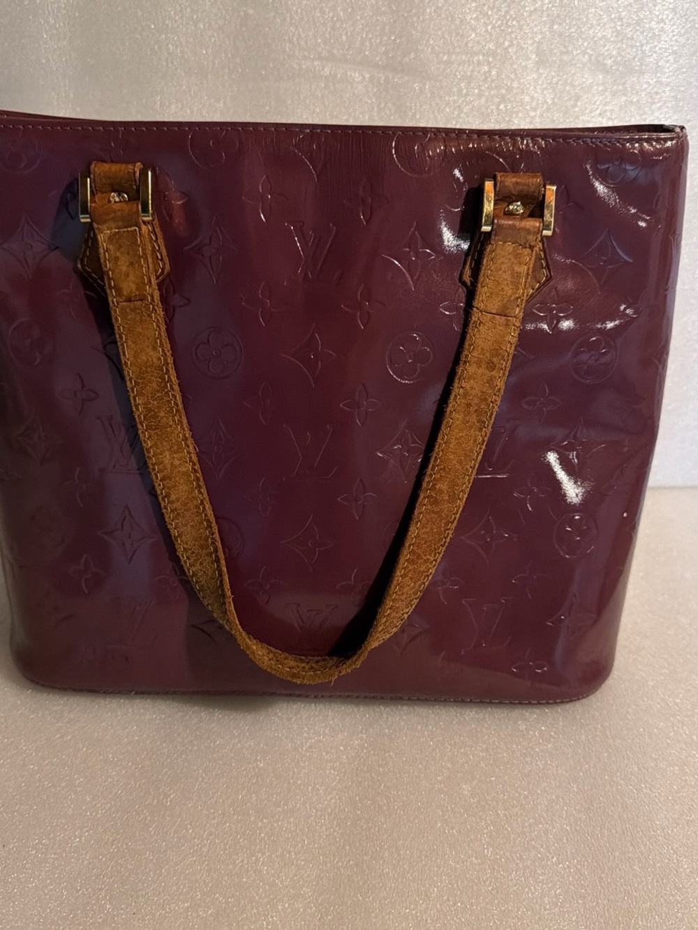 Louis Vuitton Patent Monogram Tote in Deep Burgundy with Tan Straps